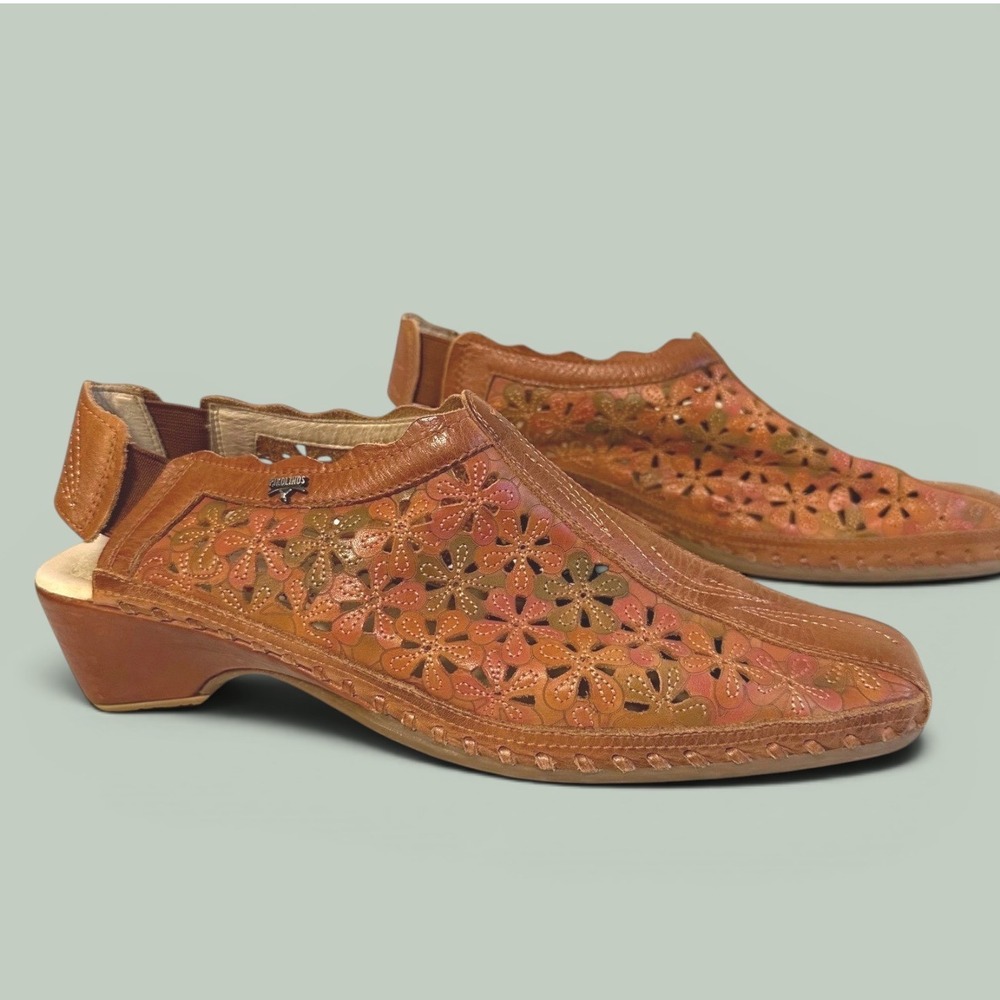 Pikolinos Brown Leather Floral Laser Cut Slingback Wedge Sandals Women EU 41